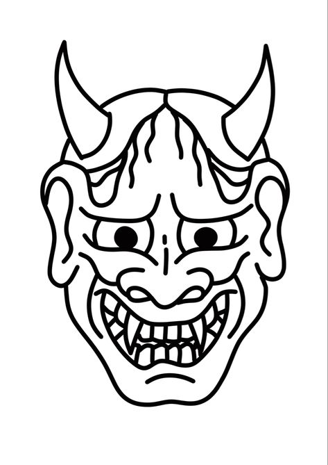 Simple Hannya Mask Tattoo, Small Hanya Mask Tattoo, Tengu Mask Drawing, Omni Mask Tattoo, Japanese Devil Tattoo, Japanese Mask Drawing, Devil Face Tattoo, Demon Face Tattoo, Oni Mask Drawing