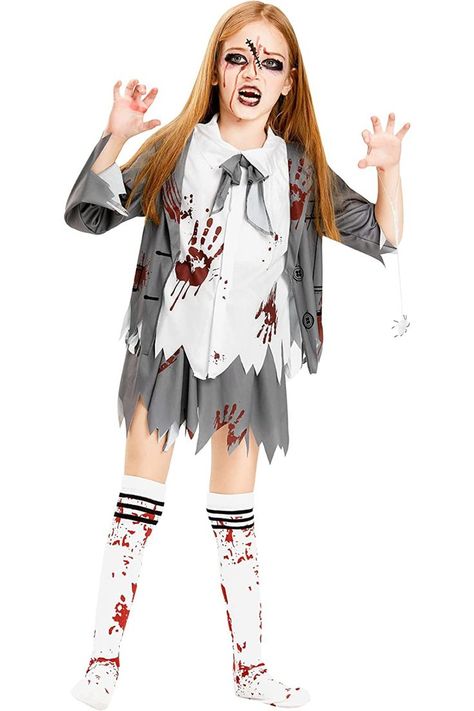 Zombie Fancy Dress, Zombie Cheerleader Costume, Zombie Costume Kids, Zombie School, Girls Cheerleader Costume, Zombie Halloween Costumes, Pretend Play Costumes, School Costume, White Zombie