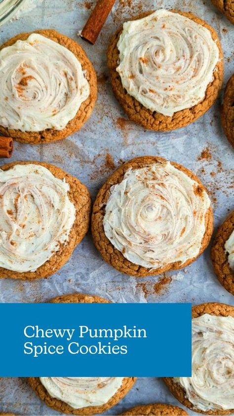 These Chewy Pumpkin Spice Cookies are the perfect way to say, “Hello, fall”. 🍂 Chewy Pumpkin Cookies, Moist Spice Cake, Pumpkin Cookies Easy, Dessert Recipes Cookies, Pumpkin Cookie Recipe, Fall Baking Recipes, Pumpkin Spice Cookies, Pumpkin Recipes Dessert, Cream Cheese Cookies