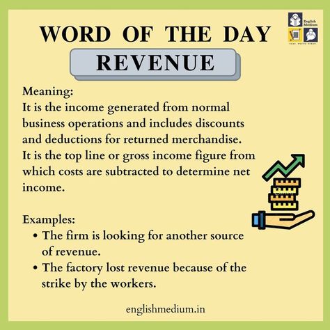 #FinanceVocabularyWithEnglishMedium 🤑 In accounting, revenue is the income that a busi… | Learn accounting, English vocabulary words learning, Accounting education Economics Vocabulary, Economics Quotes, Principles Of Accounting, Accounting Terms, Accounting Equation, Accounting Concepts, Learn Economics, Accounting Notes, Basic Accounting