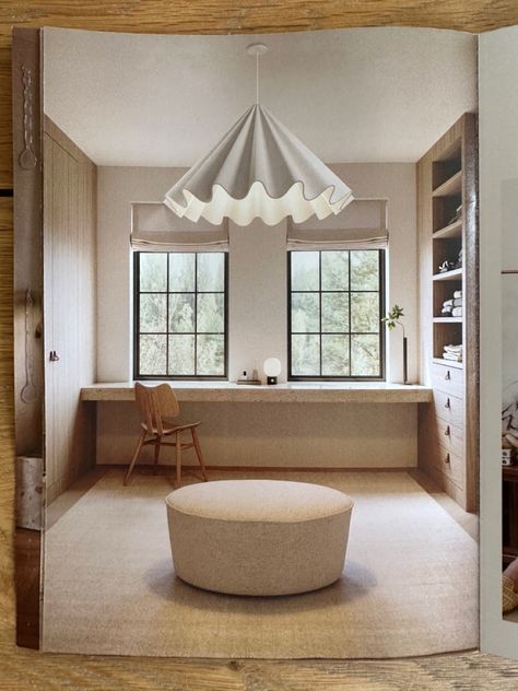 Space by Anne Sage, for Lumens. Menu: Dancing Pendant, Tearoom Cairn Oval Pouf, Rechargeable LED Table Lamp Natural Edge Table, Window Desk, Dancing Pendant, Minimalist Dining Room, Cool Color Palette, California Design, Elegant Interiors, Pouf Ottoman, Extra Seating