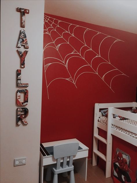 Spider Man Bedroom Ideas Diy, Spider Man Inspired Bedroom, Spider Man Theme Bedroom, Spider Man Bedroom Decor, Spiderman Accent Wall, Spiderman Room Ideas Theme Bedrooms, Spidey Bedroom Ideas, Spider Man Kids Room, Spiderman Theme Room