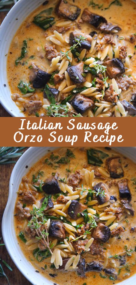 Italian Sausage Orzo Soup Recipe | Cheff Recipes Sausage Orzo Soup Recipes, Italian Sausage Orzo Recipes, Italian Sausage Orzo Soup, Sausage Orzo Soup, Italian Sausage Orzo, Sausage Orzo, Orzo Soup Recipes, Italian Soup Recipes, Sausage Soup Recipes