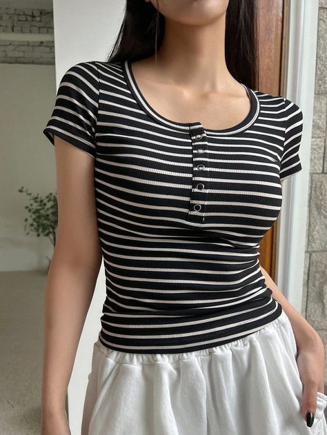 Dazy Star Women's Striped Button Half-Placket Casual Short Sleeve T-Shirt For SummerI discovered amazing products on SHEIN.com, come check them out! Striped Short Sleeve Shirt, Striped Short, Summer Black, Kids Beachwear, Striped Shorts, Black Casual, Fashion Online Shop, All Fashion, Summer Women