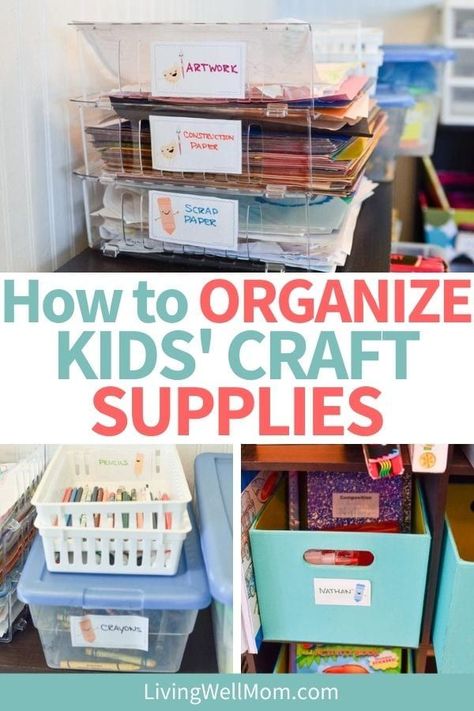 These tips and hacks will help you as you tackle organizing kids crafts supplies and things - and you'll finally have a clean craft room! Arts And Crafts Organization For Kids, Toddler Arts And Crafts Organization, Kids Craft Supply Organization, Coloring Organization Kids, Kids Craft Organization, Kids Art Supply Organization, Art Supply Storage Ideas, Craft Supply Organization, Toy Closet Organization