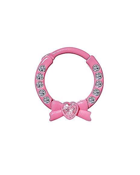 CZ Pink Heart Bow Septum Rings - 16 Gauge - Spencer's Heart Gauges Aesthetic, Kawaii Septum Piercing, Heart Septum Ring, Pink Septum Piercing, Pink Septum, Septum Barbell, Cute Septum Rings, Stretched Septum, Ear Curation