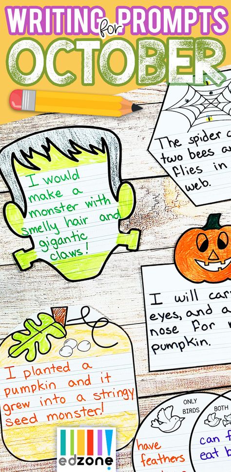 Kindergarten Writing Prompts for October! Students work of fun, hands-on writing projects with our Guided Writing pack for October.  Topics include Fall Favorites, Harvest, Bats & Spiders, Pumpkins, Halloween and more!  Great for reluctant writers.  Kindergarten Writing Prompts for October Halloween Writing Prompts Kindergarten, Halloween Writing Kindergarten, Fall Writing Prompts Kindergarten, Halloween Writing Craft, Easy Writing Prompts, Kindergarten Mom, Weekly Writing Prompts, Halloween Writing Activities, October Writing