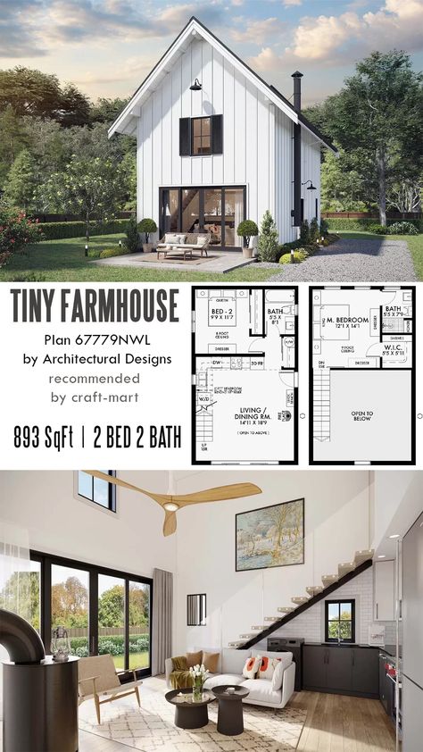 The simple rectangular shape of this farmhouse plan provides a budget-friendly solution to have 893 square feet of living space. At the same time, the classic farmhouse exterior with board and batten siding and gable roof add timeless charm. Certainly, the floor plan provides plenty of options with 2 bedrooms and 2 bathrooms located on both floors. 800 Sq Ft House Plans Open Floor, Tiny Farmhouse Plans, Classic Farmhouse Exterior, Adu Floor Plans, Small Modern Farmhouse, Mother In Law Cottage, Granny Pods, Tiny Farmhouse, Affordable Homes