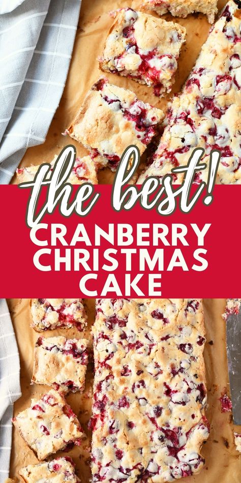 Cranberry Christmas Cake Recipe. Who doesn't love a good Christmas cake? It's one of the most popular desserts of the holiday season, and for good reason. This festive cranberry cake is simple to make and perfect for any occasion. It is made with whole cranberries, and simple pantry staples. The top of the cake has the best, sugary, buttery, flakey layer that makes this cake so scrumptious! The tartness of the cranberries are balanced by the sweetness of the cake. #cranberrycak via @sizzlingeats Cranberry Almond Christmas Cake, Cake Mix Cranberry Cake, Cranberry Buckle Cake, Christmas Cake Cranberry, Fresh Cranberry Cake Recipes, Cranberry Cake Mix Recipes, Baking With Cranberries, Cranberry Christmas Cake Recipe, Cranberry Cake Recipes Easy