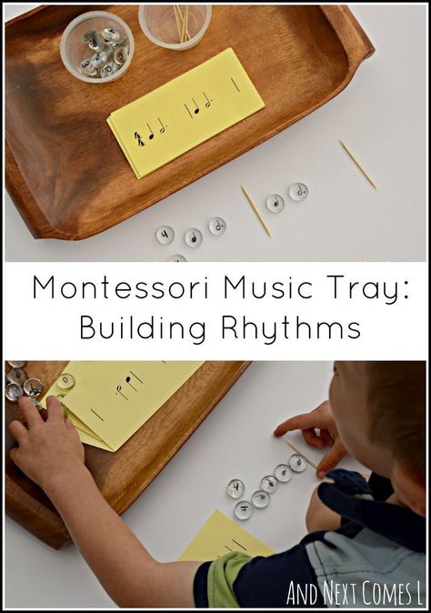 Building rhythms with a Montessori music theory activity from And Next Comes L Music Activities For Toddlers, Montessori Music, Preschool Music Activities, Music Activity, Music Activities For Kids, Homeschool Music, Music Curriculum, Preschool Music, Music Appreciation