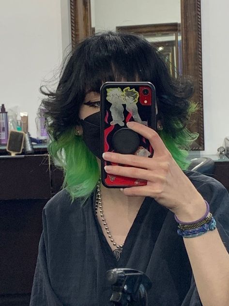 Black On Top Green Underneath Hair, Two Coloured Hair Underneath, Like Green And Black Hair, Dark Hair With Green Underneath, Green Dyed Hair Underneath, Green Hair Black Underneath, Black Hair Green Underneath, Green And Black Short Fluffy Hair, Short Hair With Green Underneath