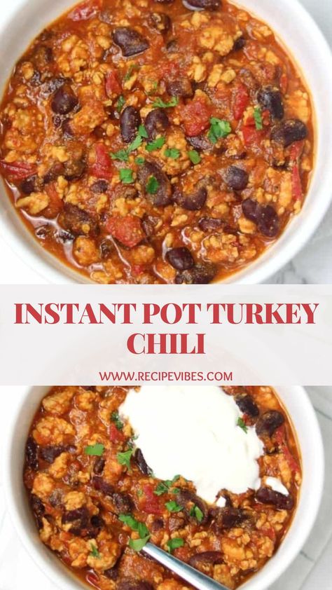 Looking for a quick and easy way to enjoy a delicious bowl of hearty chili? Try this Instant Pot Turkey Chili recipe! Packed with flavorful spices and tender chunks of ground turkey, this chili is the perfect comfort food for chilly nights. Full recipe on the website! Ground Turkey Chilli, Instant Pot Turkey Chili, Ground Turkey Chili Recipe, Turkey Chili Recipe Easy, Pressure Cooker Turkey, Pressure Cooker Chili, Turkey Chilli, Ground Turkey Chili, Turkey Chili Crockpot