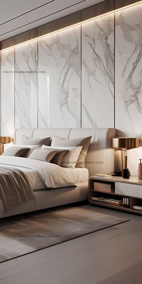 This master bedroom merges modern interior design with cozy comfort effortlessly. Subtle textures and a neutral color palette define the modern essence of this bedroom. Marble Headboard, Headboard Luxury, Modern Classic Bedroom, Bedroom Design Luxury, Futuristic Bedroom, Wall Headboard, Marble Bedroom, Living Room Decor Lights, Wall Art Decor Bedroom