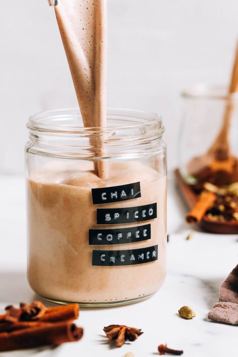 Vegan Chai-Spiced Coffee Creamer - Minimalist Baker Recipes Authentic Chai Recipe, Drinks For Fall, Roasted Dandelion Root Tea, Vegan Coffee Creamer, Vegan Beverages, Diy Coffee Creamer, Cashew Coffee, Vegan Creamer, Roasted Dandelion Root