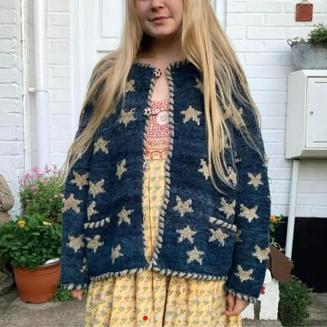 Amano Starry Cardigan, Starry Cardigan, Artsy Cardigan, Whimsigoth Cardigan, Luna Lovegood Style, Luna Lovegood Outfits, Starry Clothes, Blue Crochet Cardigan, Luna Lovegood Harry Potter