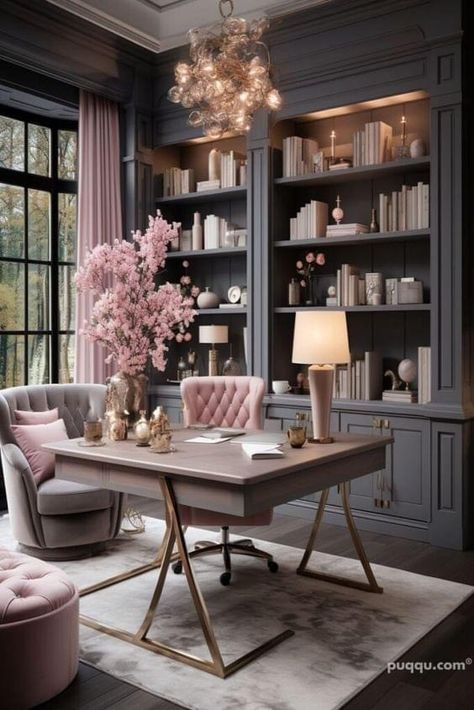 Feminine Library Room, Ladies Home Office, Pink Home Offices, Rose Gold Office, Blue Bedroom Walls, Chic Office Decor, Feminine Home Offices, Cozy Home Office, Beautiful Office