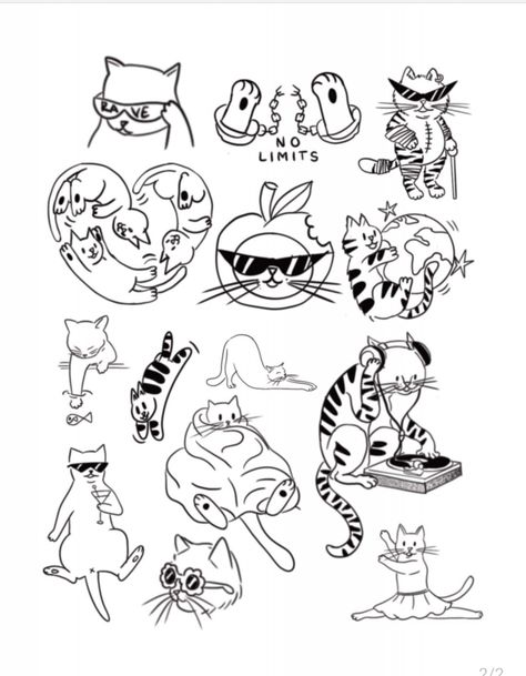 Cat Flash Tattoo, Easy Cartoon, Easy Cartoon Drawings, Tattoo Flash Sheet, Simple Cartoon, Fluffy Cat, Cat Tattoo, Flash Tattoo, Cartoon Drawings