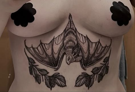 Goth Womb Tattoo, Chest Tattoos Top Surgery, Underbust Bat Tattoo, Goth Half Sleeve Tattoo, Bat Tattoo Under Breast, Black Goth Tattoo, Sternum Bat Tattoo Women, Bat Tattoo On Stomach, Top Surgery Chest Tattoo