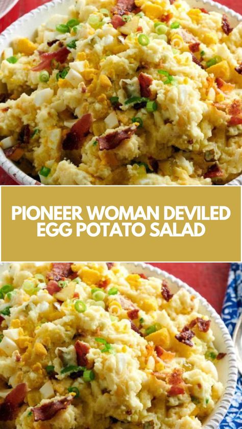 This easy Pioneer Woman Deviled Egg Potato Salad is a creamy, flavorful side dish perfect for any gathering. Made with simple, common ingredients like russet potatoes, mayo, mustard, and crispy bacon, it’s quick to prepare and can be customized to your taste. A delicious addition to picnics or barbecues! Crispy Potato Salad, Pioneer Woman Potato Salad, Egg Potato Salad, Pioneer Kitchen, Deviled Egg Potato Salad, Egg Potato, Easy Potato Salad, Salad With Sweet Potato, Deviled Egg