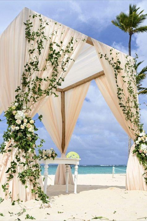 Beach Wedding Set Up Wedding Ceremony Decor, Beach Wedding Ceremony Set Up, Beach Wedding Set Up, Wedding Gazebo Ideas, Beach Wedding Gazebo, Gazebo Wedding Ceremony, Beach Wedding Setup, Gazebo Wedding Decorations, Orange Drapes