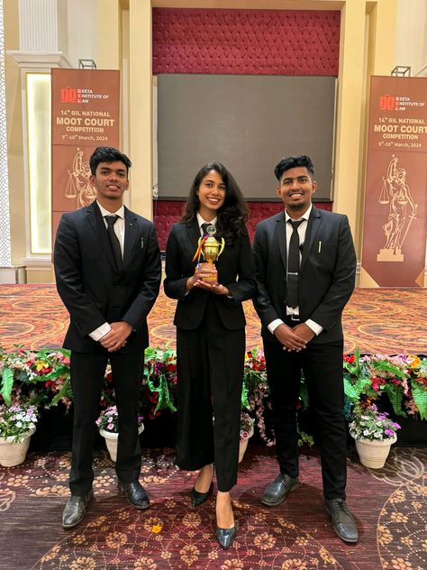 Congratulations to VMSCL Moot Court Team — Chelsea Travasso, Swayam Chodankar, and Ashraf Agha for winning the second best memorial award at GIL Moor Court Competition Panipat Haryana! 🌟  Faculty Directors: Dr K. S. Rao & Ms Priyanka Shet.  #MootCourt #LegalExcellence Winning Competition Aesthetic, Moot Court Aesthetic, Moot Court, Vision Board Themes, Speech And Debate, Dr K, Dr. K, School Awards, Career Vision Board