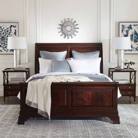 Bedroom Decorating Ideas | Bedroom Inspiration | Ethan Allen Dark Wooden Bed Frame Styling, Bedroom Cherry Wood Furniture, Farmhouse Bedroom With Dark Furniture, Dark Oak Bedroom Ideas, Bedroom Ideas With Dark Wood Furniture, Cherry Bedroom Furniture Decor Ideas, Cherry Bedroom Decor, Bedroom Inspirations Dark Wood, Cherry Wood Bedroom Decor Ideas