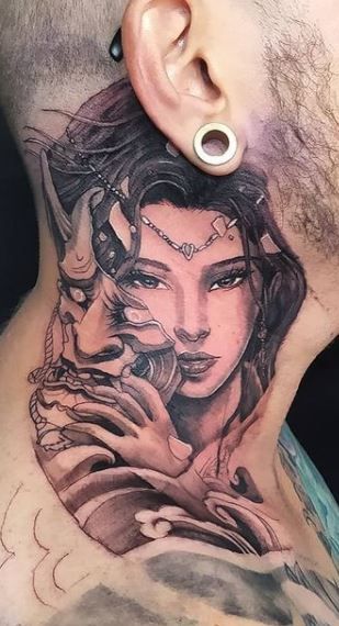 Geisha Neck Tattoo, Geisha With Hannya Mask Tattoo, Geisha Chest Tattoo, Geisha Mask Tattoo, Japanese Neck Tattoo, Orientalism Art Tattoo, Geisha With Oni Mask Tattoo, Geisha Mask, Evil Geisha Tattoo