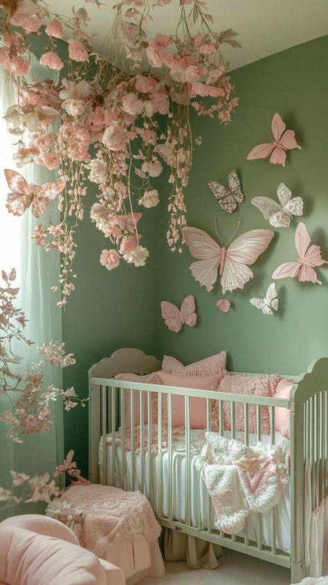 Woodland Princess Nursery, Woodland Nursery Inspiration, Circle Crib Nursery, Neutral Cozy Nursery, Nursery Ceiling Decor, Neutral Butterfly Nursery, Nursery Ideas Girl Themes, Nursery Ideas Maximalist, Flower Baby Girl Nursery