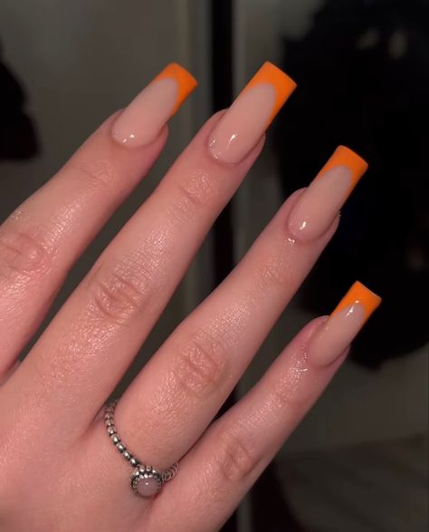 Orange French Tip With Rhinestones, Light Orange French Tip Nails, Dark Orange French Tip Nails, Nails Simple Long, Square Nails Orange, French Orange Nails, Orange Nails French Tip, Long Orange Nails, One Color Nails Simple