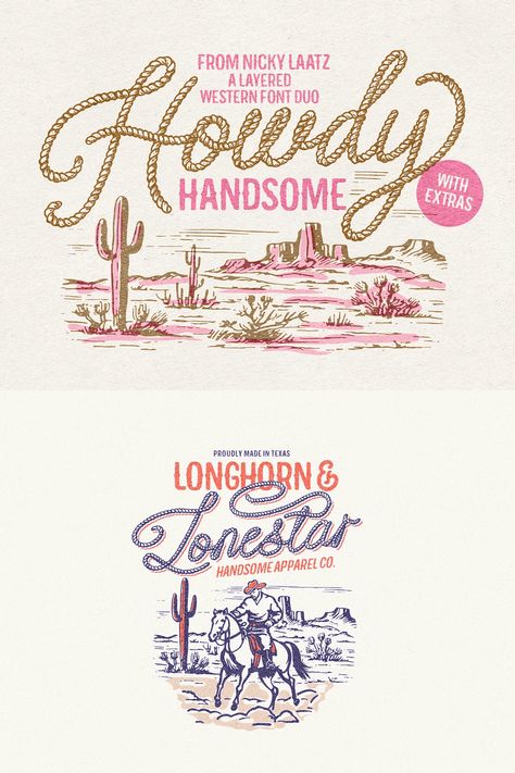 Howdy, Handsome: A Layered Font Duo  Introducing Howdy and Handsome, a new layered font duo that's perfect for adding a touch of personality to your designs. With their bold, stylish letters, these fonts are sure to make your projects stand out. Try them. #westernfont #freewesternfont #cowboyfont #wildwest #westernstyle The World Needs More Cowboys, Cowboy Font, Western Font, Alphabet Font, Font Duo, Stylish Letters, Font Free, Best Western, Fonts Alphabet