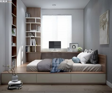 Low Height Bed Design With Storage, Platform Desk Bed, Bed With Working Table, 2.5 X 3 Bedroom Ideas, Elevated Bed With Storage, Low Height Bed Design, Working Table In Bedroom, Platform Bed Ideas Bedrooms, Low Height Storage