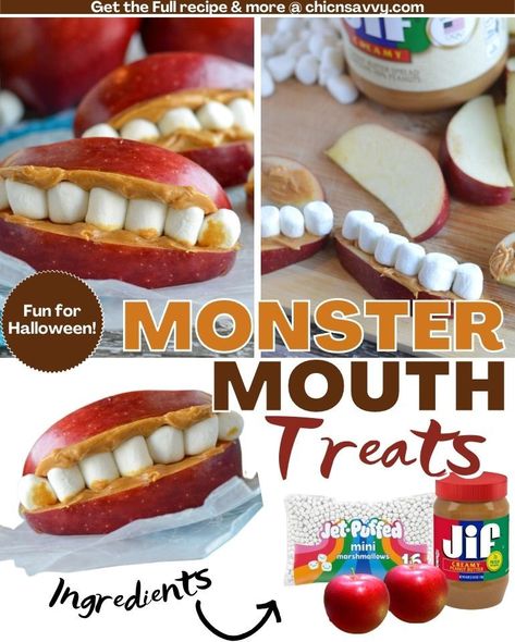 Make a fun MONSTER MOUTH with peanut butter and apple with marshmallow teeth for Halloween! Apple Peanut Butter Teeth, Apple Peanut Butter Marshmallow Teeth, Apple Mouths Halloween, Halloween Apple Teeth, Apple Marshmallow Teeth, Apple Teeth Halloween, Apple Teeth Snack, Apple Monster Mouth, Halloween Teeth Treats