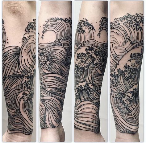 Wave Tattoo Sleeve, Tato Irezumi, Natur Tattoo Arm, Japanese Wave Tattoos, Wave Tattoo Design, Woodcut Tattoo, Wave Tattoo, Muster Tattoos, Arm Band Tattoo