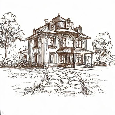 "Make me a sketch of a building, Georgian style, with a few trees, grass and a stone-paved path" Stone Path Drawing, 2 Point Perspective House, Path Sketch, Grass Sketch, Art Houses, E Image, Drawing Architecture, Perspective Drawing Architecture, Perspective Drawing