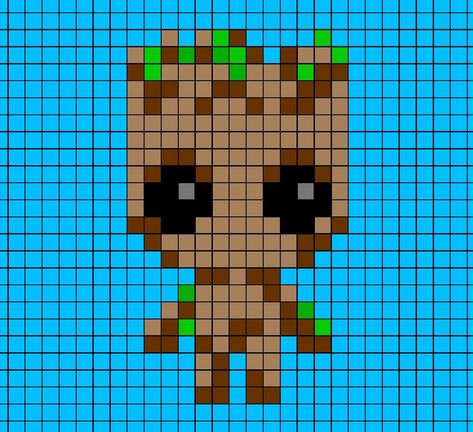 Pixel art template of Groot from Marvel's Gaurdians of the Galaxy. Chirp Minecraft Disc, Pixel Art Grid Marvel, Pixel Art Stranger Things, Cute Pixel Art Easy, Pixel Grid Ideas, Pixel Art Stitch, Disney Pixel Art, Pixel Art Disney, Spiderman Pixel Art