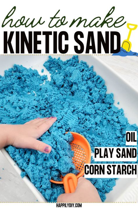 kinetic sand with kid hand in shovel Diy Ocean Crafts, Diy Sand Tray, Sensory Bins With Kinetic Sand, Diy Kinetic Sand Recipes, How To Make Kinetic Sand, How To Make Kinetic Sand Diy, Kinetic Sand Diy, Kenitic Sand Recipe Diy, Kinetic Sand Sensory Bin