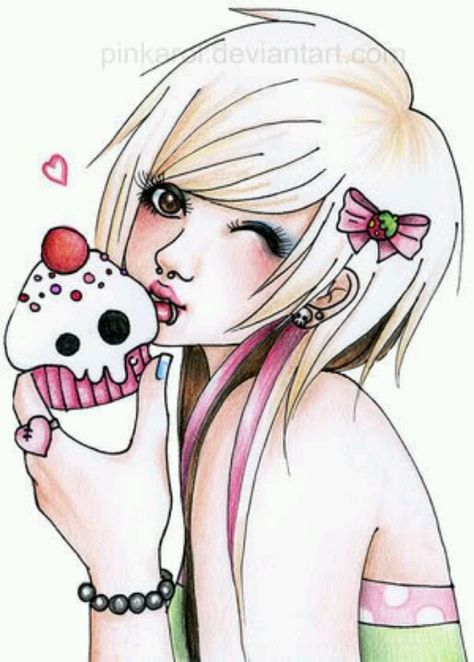 Cupcake girl! Emo Cartoons, Queen Painting, Scene Kid Art, Fallen Angel Art, Emo Pictures, Scene Queen, Cupcake Drawing, Emo Love, Emo Art