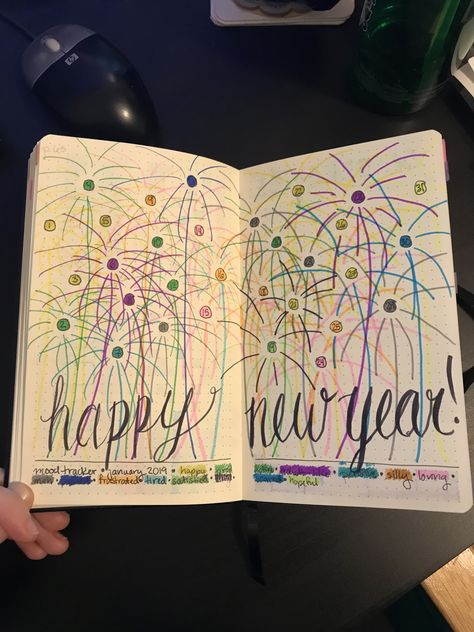 Fireworks Mood Tracker, Firework Bullet Journal, New Year Journal Ideas 2024, January Journal, Journal Hacks, Happy New Year Signs, Goals 2023, Journaling Techniques, Bulletin Journal