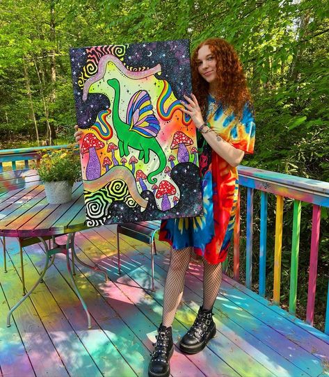 Savannah Saturn on Instagram: “Dinos Forever!✨🦕🌈⭐️ This canvas is for sale on my Etsy Shop!!🪐link in my bio!🪐 i love u berry much!” Trippy Draws Savannah, Funky Room Ideas, Trippy Wall Paintings, Savannah Saturn, Trippy Draws, Backgrounds Ipad, Hippie Crafts, Trippy Wall, Art College