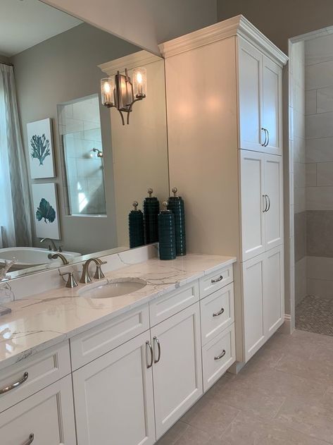 Bathroom Cabinets For Towels, Shaker Linen Cabinet, Double Vanity With Linen Cabinet, Regular Bathroom, Small Bathroom Styles, Bathroom Storage Tower, Bathroom Cabinet Storage, Custom Bathroom Cabinets, Shaker Vanity