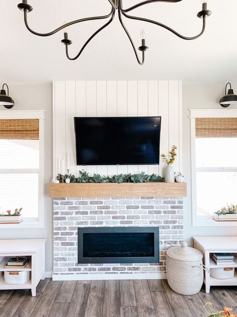 35 Vertical Shiplap Wall Ideas - Nikki's Plate Evergreen Bathroom, Simple Diy Fireplace, Living Remodel, Diy Fireplace Mantel, Vertical Shiplap, Fireplace Inspiration, White Brick Fireplace, Vineyard House, Fireplace Redo