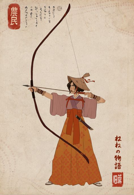 ArtStation - Feudal Japan: The Shogunate - Character Design, Jenny Harder Japanese Archer Character Design, Japanese Inspired Character Design, Lineless Artstyle, Japan Character Design, Character Design Japanese, Japanese Archer, Japanese Character Design, Medieval Japanese, Character Challenge