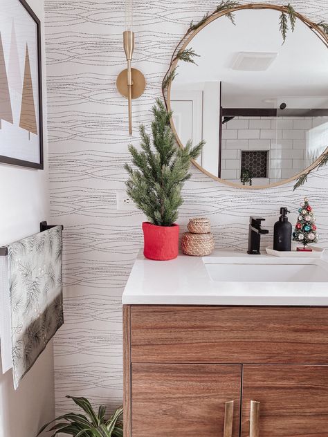 Christmas Bathroom Decor Christmas home decor | holiday | bathroom | boho | midcentury modern Follow my shop @stefaniejean_ on the @shop.LTK app to shop this post and get my exclusive app-only content! #liketkit #LTKhome #LTKSeasonal #LTKHoliday @shop.ltk https://liketk.it/3UthE Boho Christmas Bathroom Decor, Western Boho Bathroom Target, Small Christmas Trees On Table Bathroom, Boho Cactus Wallpaper Bathroom, Bathroom Decor Christmas, Spirit Wallpaper, Bathroom Boho, Wallpaper Feature, Wave Wallpaper