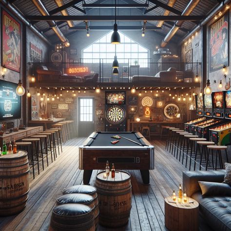 Unwind in this industrial-themed loft complete with vintage games, custom-built bar, and comfy couch for ultimate relaxation. Enjoy a chilled beer amid glowing neon signs, iconic posters, and live jam sessions with the sleek electric guitar. #Mancave #LoftStyle #IndustrialDecor #VintageGames #CustomBar #JamSessions Industrial Games Room, Secret Wine Room, Restaurant With Games, Industrial Sports Bar, Private Party Room, Billards Room, Game Loft, Chill Bar, Game Bar