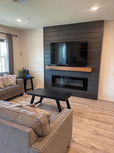 Shiplap Wall With Electric Fireplace And Tv, Wood Wall With Fireplace And Tv, Shiplap Living Room Fireplace, 70 Inch Fireplace, Bedroom Fireplace Remodel, Shiplap Fireplace Basement, Tv With Wood Mantle, Living Room With Gas Fireplace Ideas, Living Room With Shiplap Fireplace