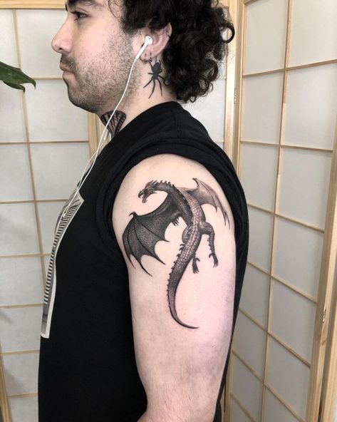 Fafnir Dragon Tattoo, Masculine Dragon Tattoo, European Dragon Tattoo, Dragon Shoulder Tattoo, Andrew Tattoo, Blue Dragon Tattoo, German Tattoo, Dragon Tattoo Meaning, Wizard Tattoo