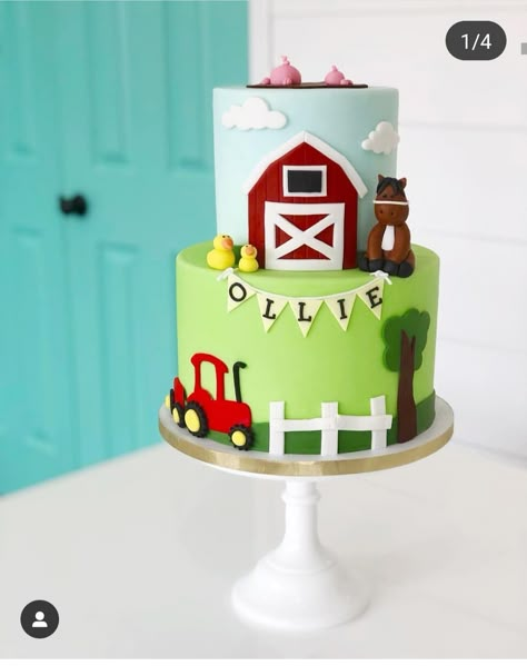 2 Tier Farm Cake, Simple Farm Theme Cake, Barn Cakes For Kids, Easy Farm Cake, Farm Birthday Cake Boy, Farm Themed Birthday Cake, Farm Birthday Cake, Tractor Birthday Cakes, Farm Birthday Cakes