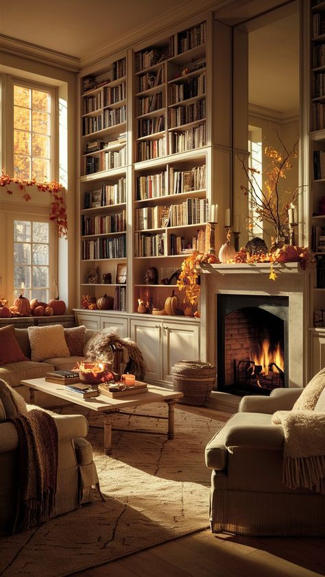 Enhance your fireplace with these built-in bookcase ideas, perfect for adding seasonal fall décor to your living room! Fireplace Ideas With Bookshelves, Fireplace Reading, Fall Home Living Room, Corner Fireplace Library, Cozy Home Library With Fireplace, Fireplace In Bookshelf, Fireplace Placement Ideas, Fireplace In Library, Study With Fireplace