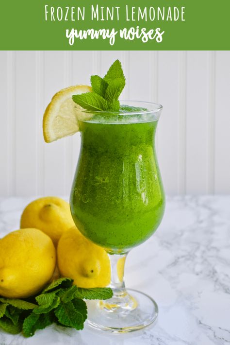 Frozen Mint Lemonade - Frozen lemonade gets a flavor boost from fresh mint leaves for a cool & refreshing slushy drink. | YummyNoises.com Lemon Mint Juice, Mint Juice, Slushy Drinks, Limeade Recipe, Vodka Mixes, Mint Drink, Frozen Lemon, Mint Lemonade, Frozen Lemonade