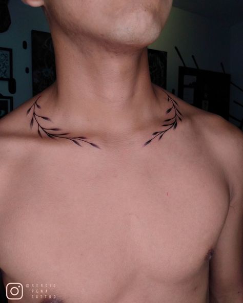 Shoulder Wreath Tattoo, Vine Collar Bone Tattoo Men, Laurel Neck Tattoo, Laurel Collar Bone Tattoo, Laurel Wreath Tattoo Men Chest, Male Collar Bone Tattoo, Chest Leaf Tattoo, Mens V Line Tattoo, Wreath Neck Tattoo